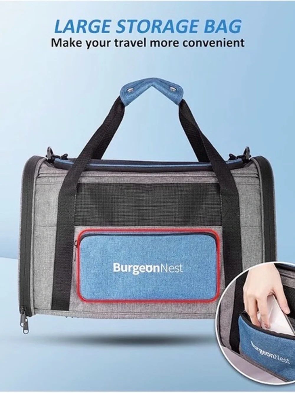 Gray and Blue Soft-Sided Cat Carrier with Front Pocket
